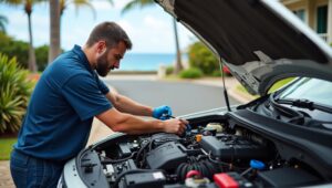 Mechanic using diagnostic tools and replacement parts from a van stocked with equipment.