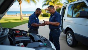 A certified mobile mechanic repairing the fuel system of a sedan parked in a residential driveway in Maui. Palm trees and ocean visible in the background.
